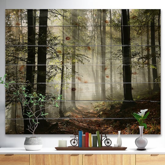 Designart - Light in Dense Fall Forest with Fog - Landscape Print on Natural Pine Wood